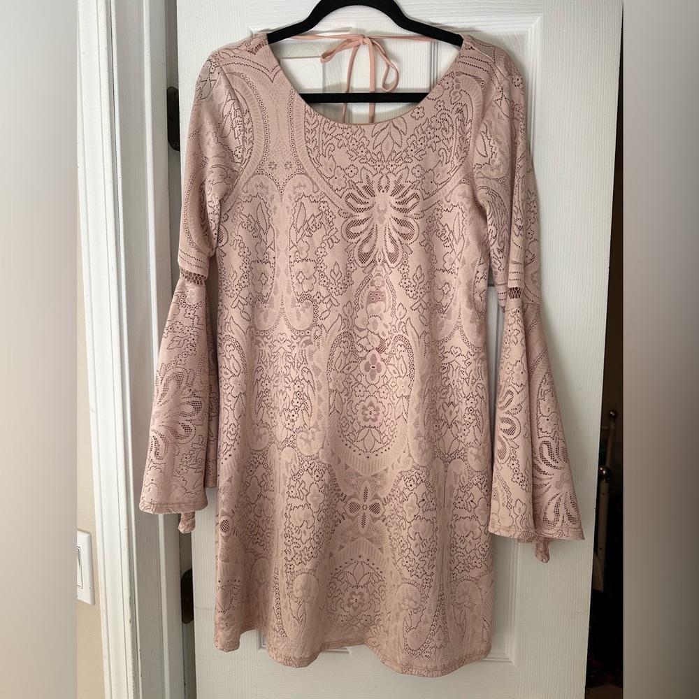 MOD boho tan lace bell sleeve dress